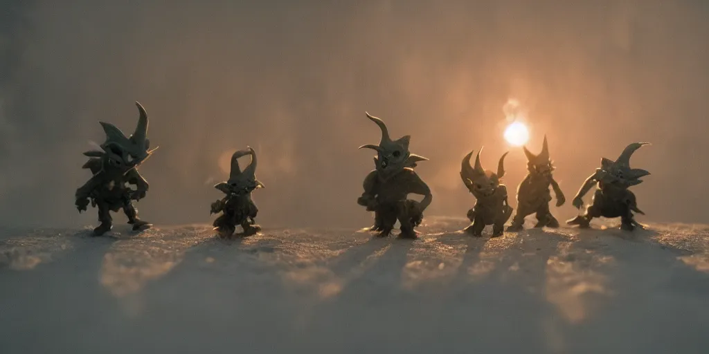 Image similar to photo of real life goblins, creepy!!!, scaly!!!, gritty!!!, menacing!!!, evil, ultra realistic, gritty, winter, golden hour, volumetric lighting, sharp focus