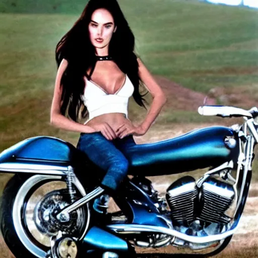 Image similar to young megan fox on a a motorcycle, highly realistic