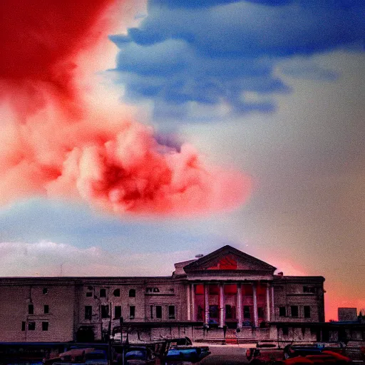 Image similar to dystopian, destroyed washington dc, real, blue sky, smoke, red clouds, detailed, award winning, masterpiece, photograph, cinematic, hyperrealism