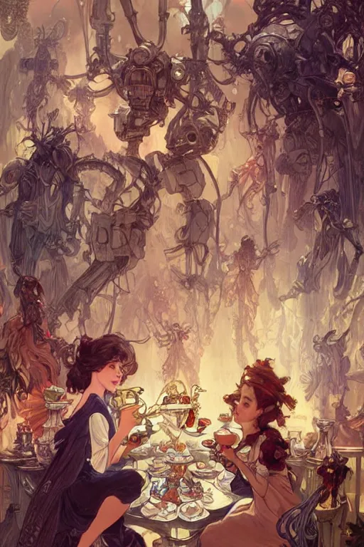 Prompt: Mechas having a tea party, cute, fantasy, intricate, elegant, highly detailed, digital painting, 4k, HDR, concept art, smooth, sharp focus, illustration, art by artgerm and H R Giger and alphonse mucha