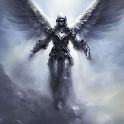 Image similar to an archangel in heavy armor descending from the clouds, artstation hall of fame gallery, editors choice, # 1 digital painting of all time, most beautiful image ever created, emotionally evocative, greatest art ever made, lifetime achievement magnum opus masterpiece, the most amazing breathtaking image with the deepest message ever painted, a thing of beauty beyond imagination or words