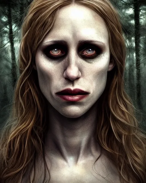 Image similar to gorgeousTaissa Farmiga slasher holding knife, realistic character concept, full body shot, spooky, illustration, symmetrical face and body, realistic eyes, cinematic lighting, hyperdetailed, detailed realistic symmetrical eyes, 8k, high resolution, Charlie Bowater, Tom Bagshaw, single face, insanely detailed and intricate, beautiful, elegant, dark forest and trees, vfx, postprocessing