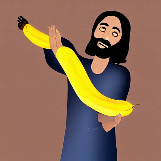 Image similar to jesus lifting a banana up into the air, digital art