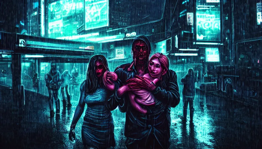 Image similar to highly detailed, a man carries the body of a bloody girl in his arms, cyberpunk, rain, night, cyberpunk futuristic neon, detailed and intricate environment