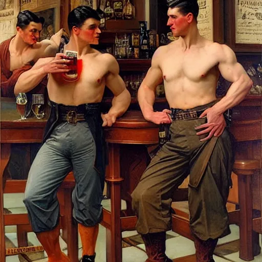 Image similar to drinking their hearts out, in a pub. pants, attractive muscular male with red hair and attractive muscular male with black hair. very defined and highly detailed painting by j. c. leyendecker, gaston bussiere, craig mullins 8 k