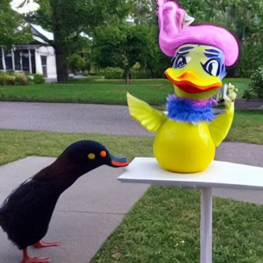 Prompt: a duck walked up to a lemonade stand in the style of jojo's bizarre adventure