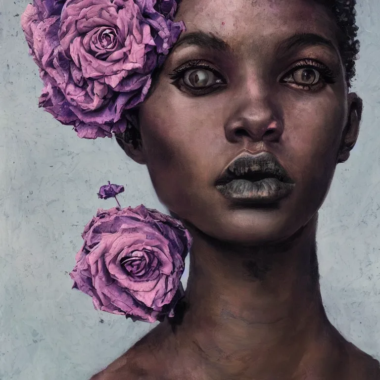 Prompt: symmetrical portrait of a crazy lavender and rose flower - head black woman by picasso and greg rutkowski, hyper detailed painting, distance, centered, hd, hq, high resolution, high detail, 4 k, 8 k