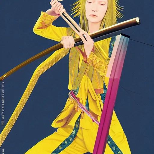 Image similar to breathtaking detailed pattern pastel colors, action scene from kill bill, with uma thurman ( kill bill ) in yellow kimono, swinging katana sword, and mt. fuji, by hsiao - ron cheng, exquisite detail, enhanced eye detail