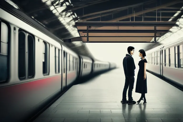 Image similar to vfx movie couple in a train station flat color profile low - key lighting award winning photography cinematography atmospheric cool color - grade