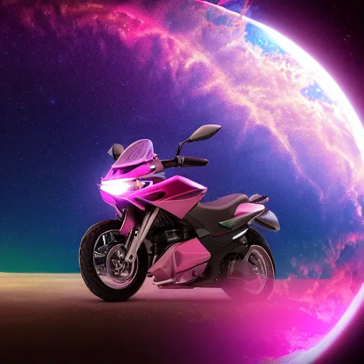 Prompt: high detail photo of a deserted, iridescent pink color, yamaha motorcycle floating in space inside magic colorful glowing sparkling fog, circular planet behind it, starry sky, tranquil, desolate, atmospheric, hazy, autochrome, 8k, reflections, octane render, unreal engine 5