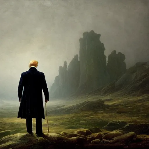 Prompt: donald trump in anguish a desolate misty landscape, painted by caspar david friedrich and greg rutkowski