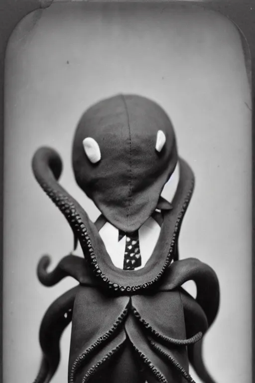 Image similar to anthropomorphic octopus , wearing a suit, tentacles spilling out of the collar, vintage photograph, sepia