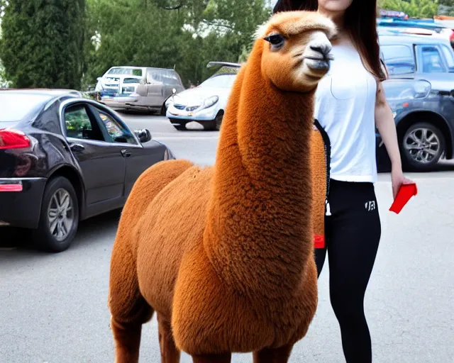 Prompt: a girl who looks like the mona lisa photobomb by an alpaca, going out for coffee wearing sweatpants and sunglasses, candid shot, TMZ, by cameldeath