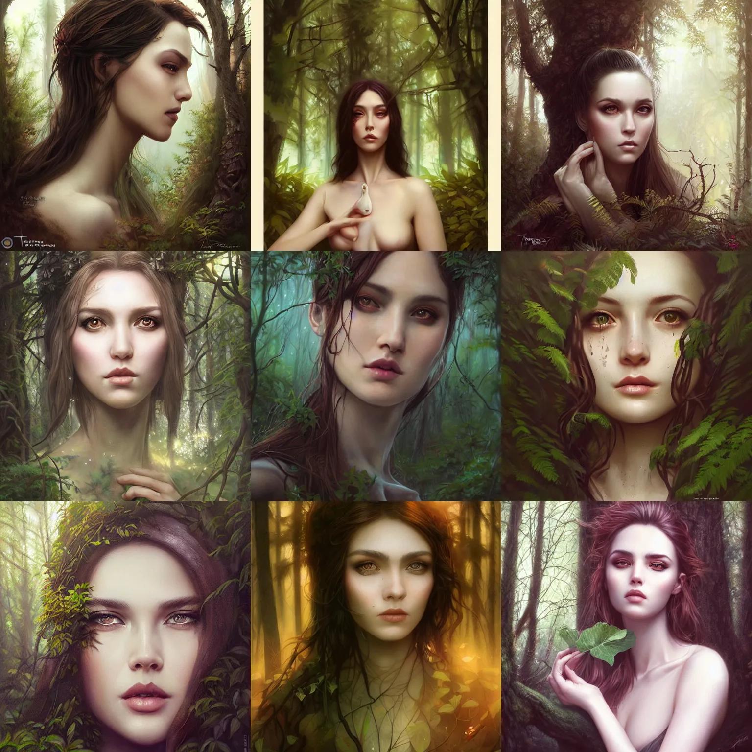 Prompt: a woman in a forest, portrait, headshot, art by artgerm and tom bagshaw and wlop