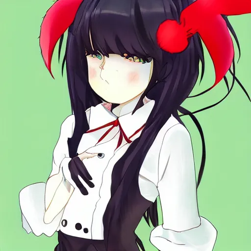 Image similar to a “red-eyed black-haired anime fox girl” wearing black fingerless-gloves, high-waist-black-skirt, white-collared-shirt blue-open-jacket, black-necktie, unsheathing her katana, white background, visual-key, anime illustration, pixiv, anime-twitter