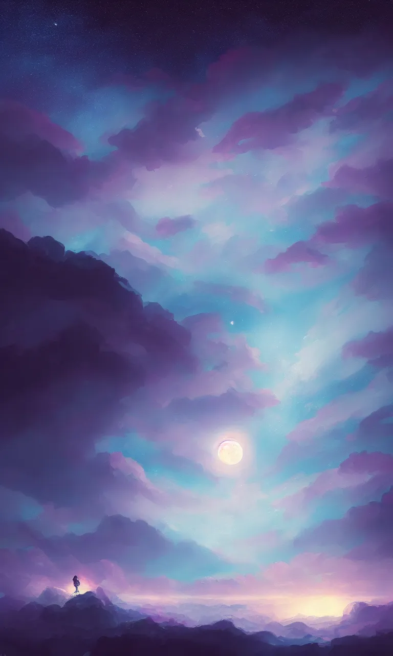 Image similar to a beautiful painting of ice age, starry sky, moon ， cloud, by liam wong and yuumei and yanjun chen, trending on artstation