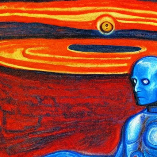 Prompt: doctor manhattan sitting on mars in the style of edvard munch's the scream, oil painting, doctor manhattan, the scream
