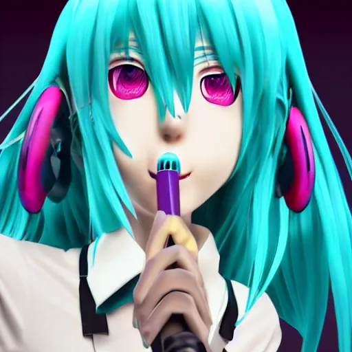 Image similar to hatsune miku high on weed with bloodshot baggy eyes smoking with a vape pen, 3 d render, 4 k
