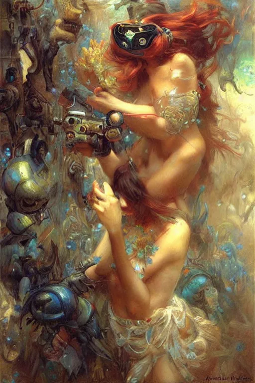 Prompt: virtual reality, art by gaston bussiere and artgerm