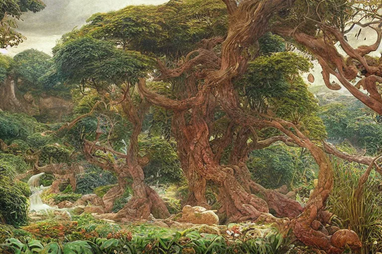 Image similar to hyperdetailed painting of the garden of eden, epic, rendered in octane, painted by alan lee, moebius, giovanni ghisolfi and jan baptist