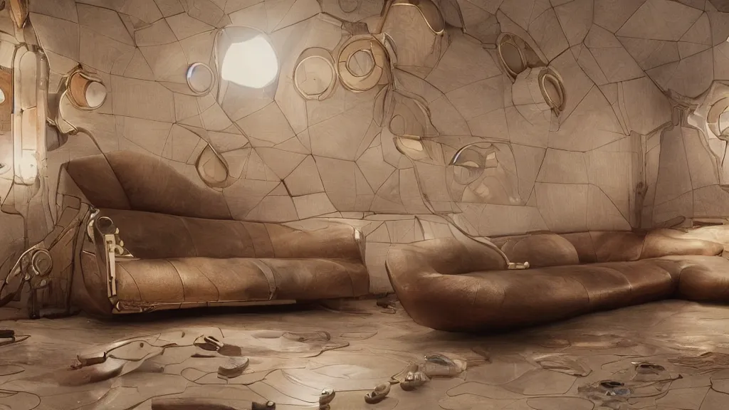 Image similar to a futuristic cozy leather couch, by wlop by jungyeonmin and james jean jhonseru jsezz artstation and greg rutkowski, with some wood and gold details, biomechanical, lens orbs, global illumination, lounge, volumetric lighting, granular detail, japandi, hyperrealist, micro details, blender, vray