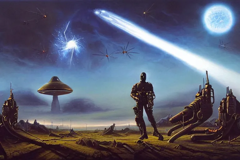 Image similar to Epic science fiction landscape. In the foreground is futuristic anti-air artillery firing into the sky, in the background an alien spaceship is escaping. An officer stands next to the artillery pointing upwards. Stunning lighting, sharp focus, extremely detailed intricate painting inspired by Gerald Brom and Mark Brooks