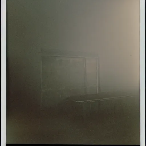 Prompt: polaroid of a Terminator T-800, abandoned hospital on the background, dark, moody, foggy, scary