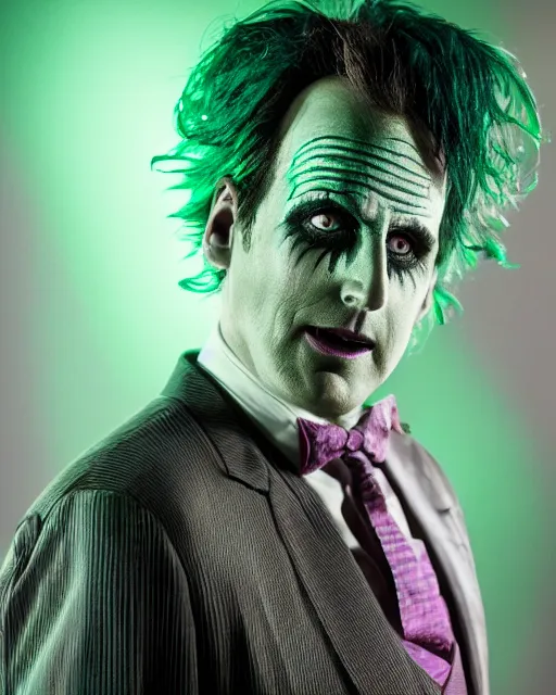 Image similar to Will Arnett as Beetlejuice, makeup, dark green hair, cinematic lighting, 4k photograph