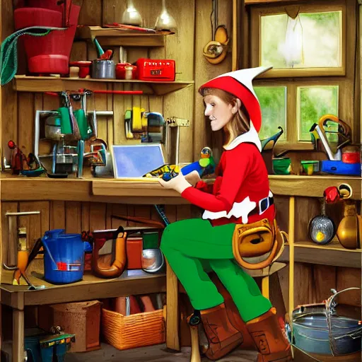 An elf wearing overalls tinkering with a gadget in her | Stable ...