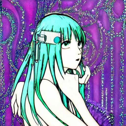 Image similar to hatsune miku, artwork by Harry Clarke