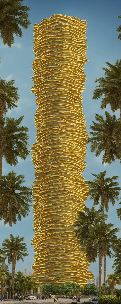 Image similar to photorealistic photo of a single tower mountain shape golden gardens of babylon tower, golden stone color palette, sacred ancient architecture, solid exterior, wide tower with hanging gardens on the balconies, cascading highrise, next to mountains and river with lush palm forest, zaha hadid, sunlight, eye - level view, post - production, octane, cgi, sfx