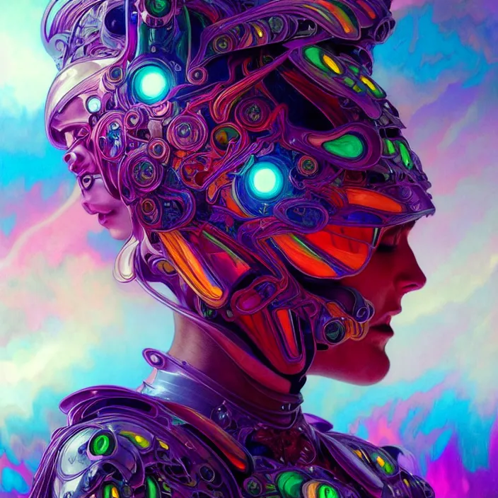 Image similar to bright psychedelic portrait of organic cyborg, wings, volumetric smoke, diffuse lighting, fantasy, intricate, elegant, highly detailed, lifelike, photorealistic, digital painting, artstation, illustration, concept art, smooth, sharp focus, art by John Collier and Albert Aublet and Krenz Cushart and Artem Demura and Alphonse Mucha