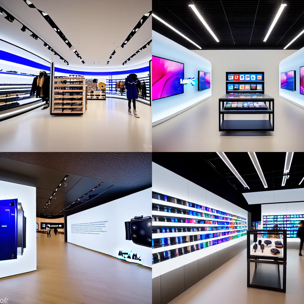 Prompt: (2030s flagship retail interior Samsung Microsoft Apple.) XF IQ4, f/1.4, ISO 200, 1/160s, 8K, RAW, unedited, symmetrical balance, in-frame