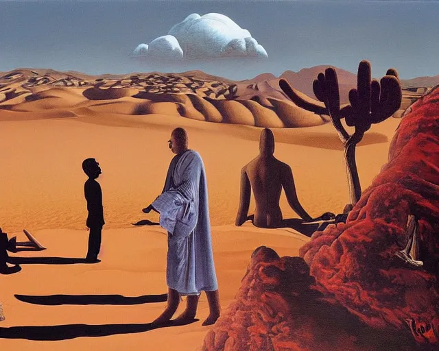 Image similar to a surreal painting of a man meeting giant buddahs eyes in the desert