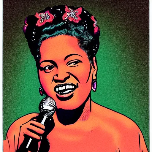 Prompt: “portrait of Billie holiday, by Robert crumb, coloured, graphic”