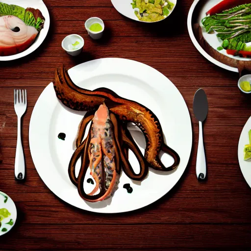 Image similar to a squid in the middle of a dinner table, there are plates setup, realistic hd photo