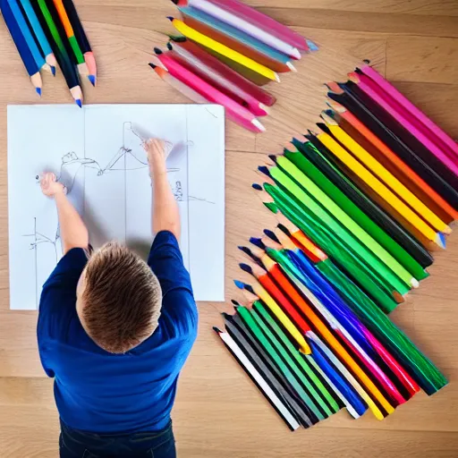 Image similar to man surrounded by colored pencils and papers