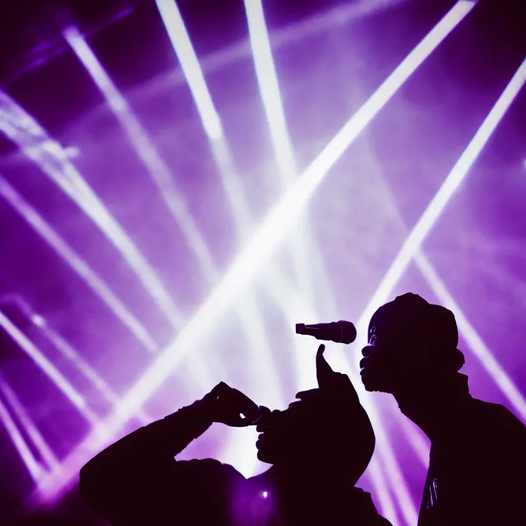 Image similar to rapper using microphone, epic angle, profile view, silhouetted, distinct, psychedelic hip-hop, laser light show, beams of light