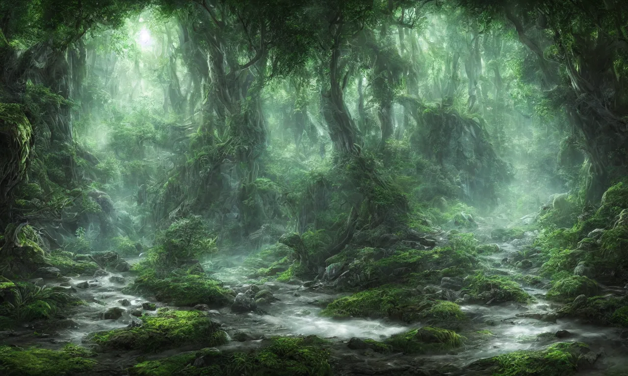 Prompt: A beautiful elven forest with a river and babbling brook, ethereal, dreamlike, magical, highly detailed, volumetric lighting, illustration, concept art, 8K, by Allan Jabbar