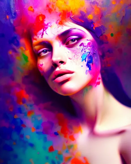Image similar to very beautiful woman, face submerged in colorful oils, realism, extreme detail, real life, soft light, volumetric light, 3 d shadows, james jean, photoshoot