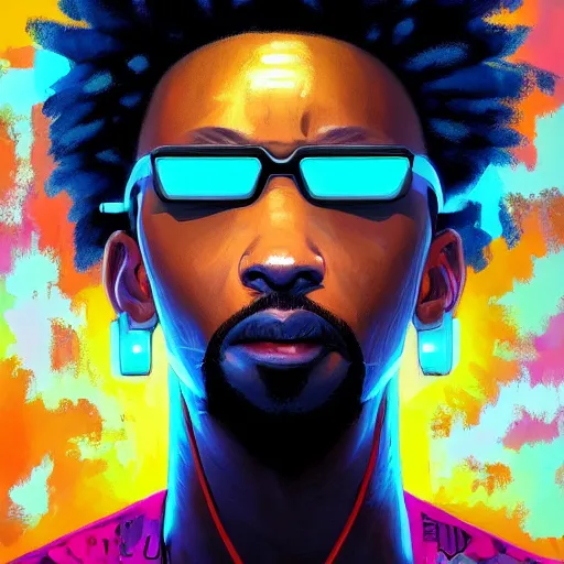 Image similar to bald afro - cyberpunk man with a goatee, manifesting dreams with ancestral magic in a modern world | hyperrealistic oil painting | by makoto shinkai, ilya kuvshinov, lois van baarle, rossdraws, basquiat | afrofuturism, in the style of surrealism, trending on artstation | dark color scheme