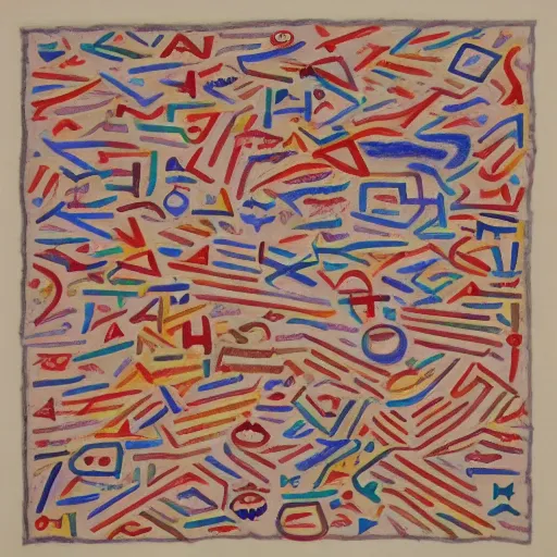 Prompt: medium: colored pencil, fabric made of Notation, Symbols, Lines, Sequences, Interpretation, Instructions, Communication, Visuality, Process, form, line, character, surface, space, material, immaterial, sensual, symbolic, conceptual, Series, Variations, Temporalization, Processualization, Notation, Instruction, Form, Sign, Symbol, Movement, Parallel, Sequential, Disordered, Unconnected, Static, Visual, Mental, Iconic, Imaginative. Creative, large-scale, multi-part, process, drawing, repetition, variation, order, chaos, improvisation