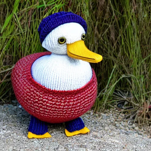 Prompt: a duck with knitted pants, thick yarn