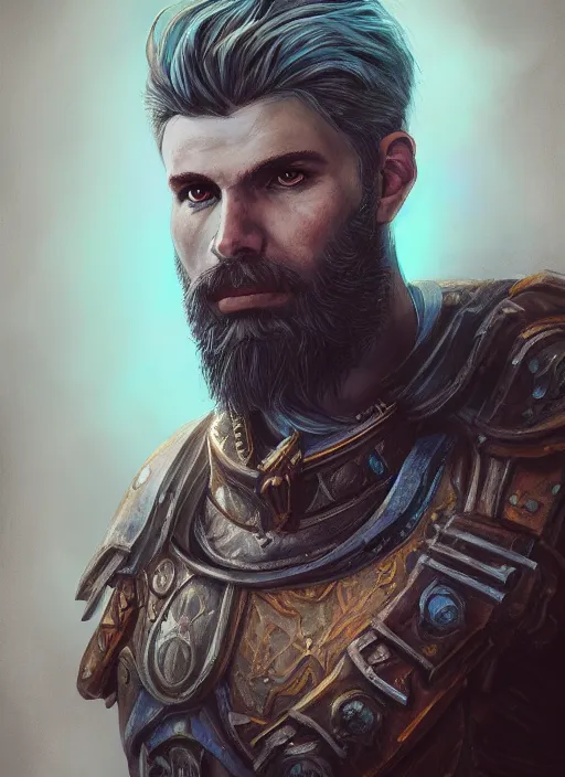 Image similar to an epic fantastic realism comic book style portrait painting of an aasimar paladin, male, shaggy silver hair, short brown beard, d & d concept art, unreal 5, daz, teal aesthetic, octane render, cosplay, rpg portrait, dynamic lighting