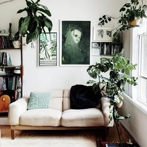 Image similar to a living room with plants and music equipment and a painting on the wall, featured on tumblr, light and space, sanctuary, soft light, aesthetic