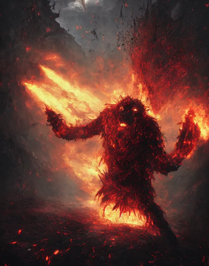 Prompt: folk horror illustration of a Gorilla warrior bursting in flames holding a Lava Sword, dark souls 3 artwork, art by greg rutkowski, art by craig mullins, art by Masanori Warugai, art by Yoshitaka Amano