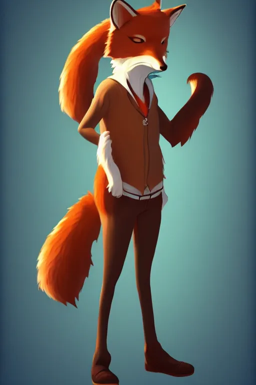 Prompt: an anthropomorphic fox with a fluffy tail wearing a vest, backlighting, trending on artstation, digital art, furry art, trending on furaffinity, cel shaded