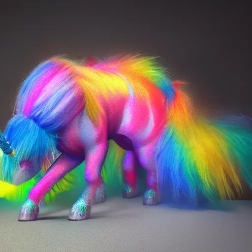 Image similar to full body pose, hyperrealistic photograph of a cute fuzzy rainbow unicorn, dim volumetric lighting, 8 k, octane beautifully detailed render, extremely hyper detailed, intricate, epic composition, cinematic lighting, masterpiece, trending on artstation, very very detailed, stunning, hdr, smooth, sharp focus, high resolution, award, winning photo, dslr, 5 0 mm