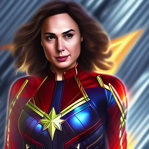 Prompt: Digital painting of Gal Gadot as Captain Marvel