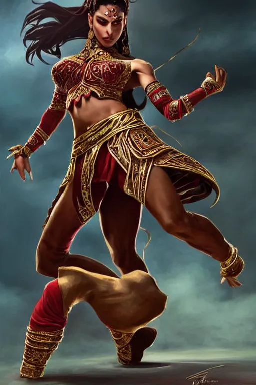 Prompt: Full body Picture of a Battle Dancer, arab inspired, wearing two metallic rings, dark brown skin, light red hair, waist reaching ponytail, crimson attire, exposed midriff, battle, detailed face features, dark green eyes, toned body, abs, D&D, by artgerm and Craig Mullins, James Jean, Andrey Ryabovichev, Mark Simonetti and Peter Morbacher, matte painting, trending on artstation, artstationHD, artstationHQ, octane, full HD, 16K, alluring, sensual, gold